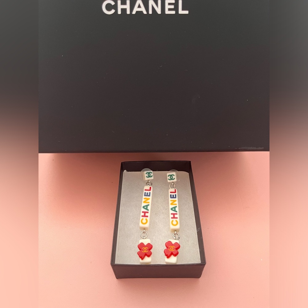 Chanel Vintage White Resin Colorful Letter Dangle Pierced Earrings
